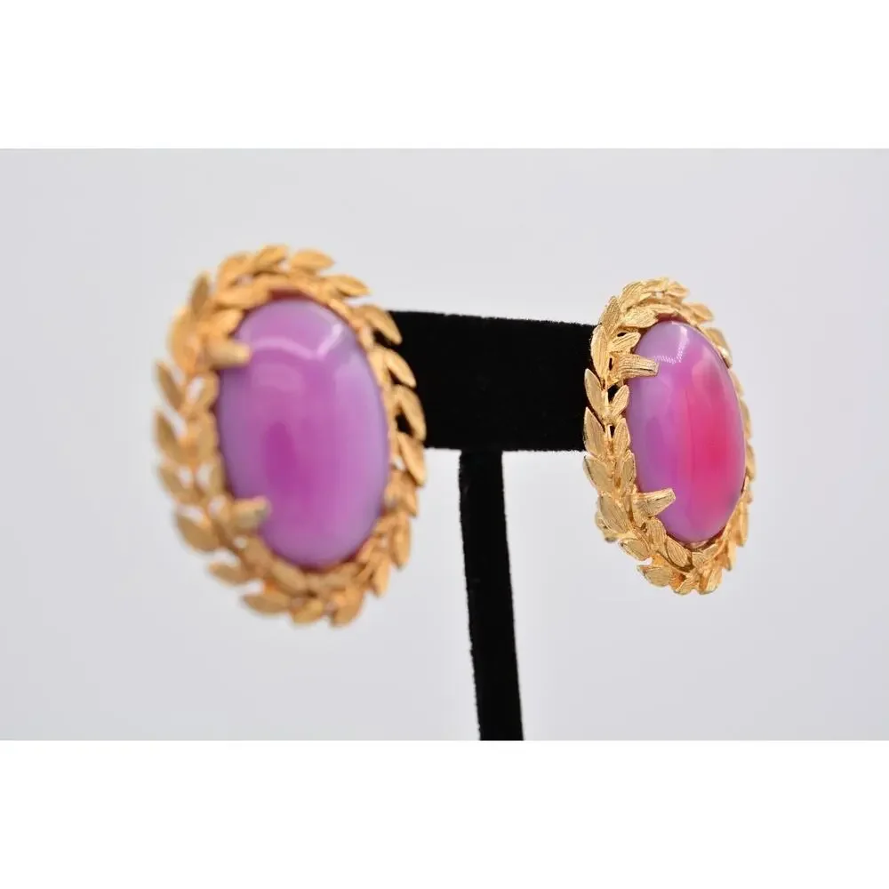 Judy Lee Vintage Cabochon Clip On Earrings Pink Gold Chunky Signed 1980s BinAZ